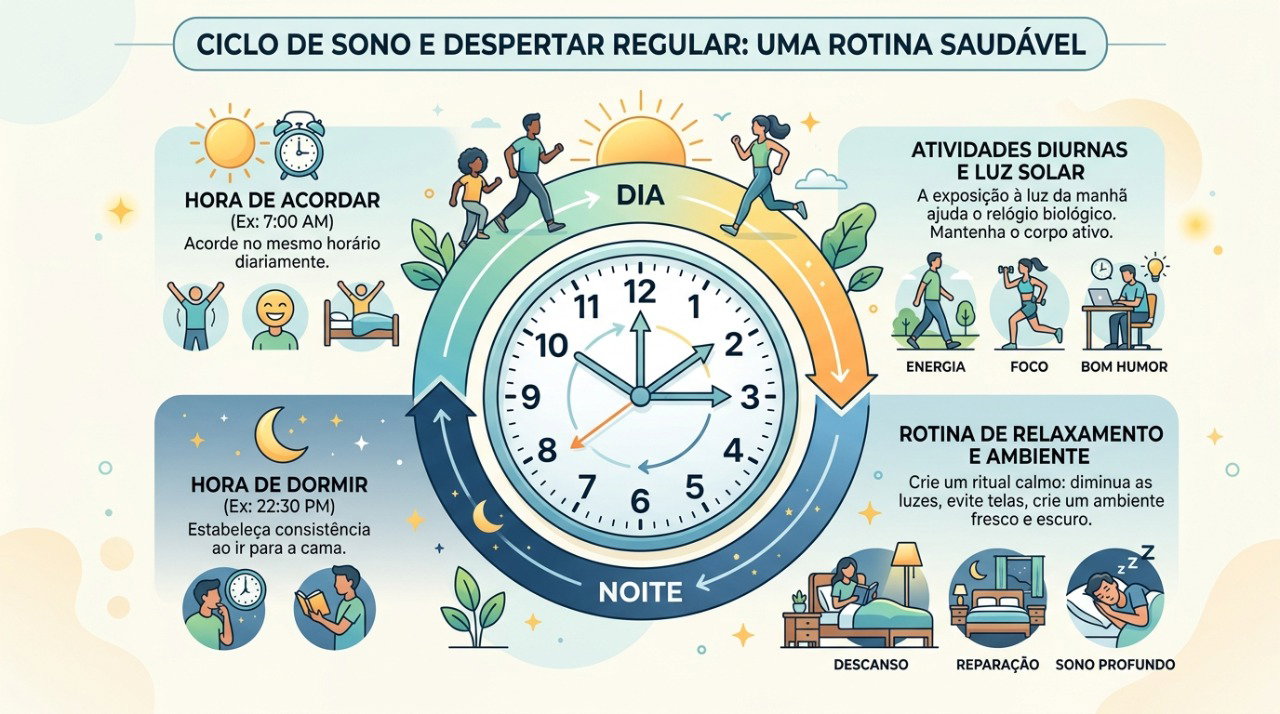 Manter horários regulares para dormir e acordar ajuda a preservar o ritmo do sono.
