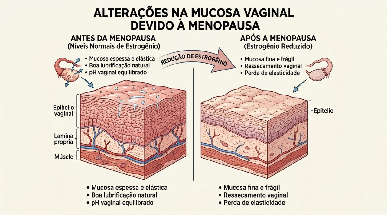 A queda do estrogênio pode deixar a mucosa vaginal mais fina, seca e sensível.