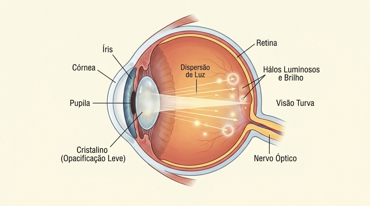 A opacidade do cristalino pode espalhar a luz e favorecer halos e ofuscamento à noite.