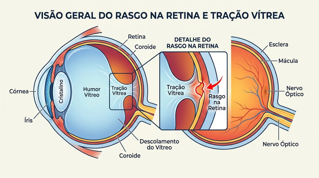 A tração do vítreo pode provocar um rasgo na retina e causar moscas volantes e flashes repentinos.