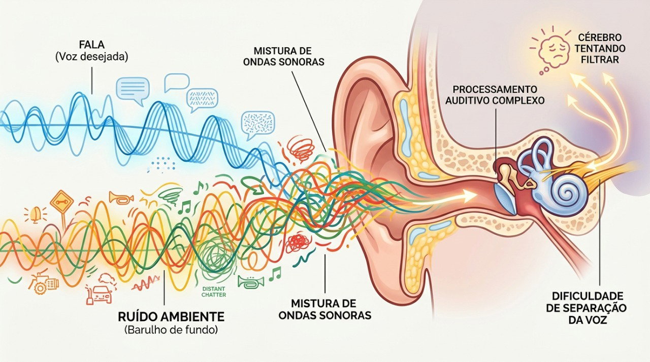 Com a idade, separar a fala dos ruídos do ambiente pode exigir mais esforço do sistema auditivo.