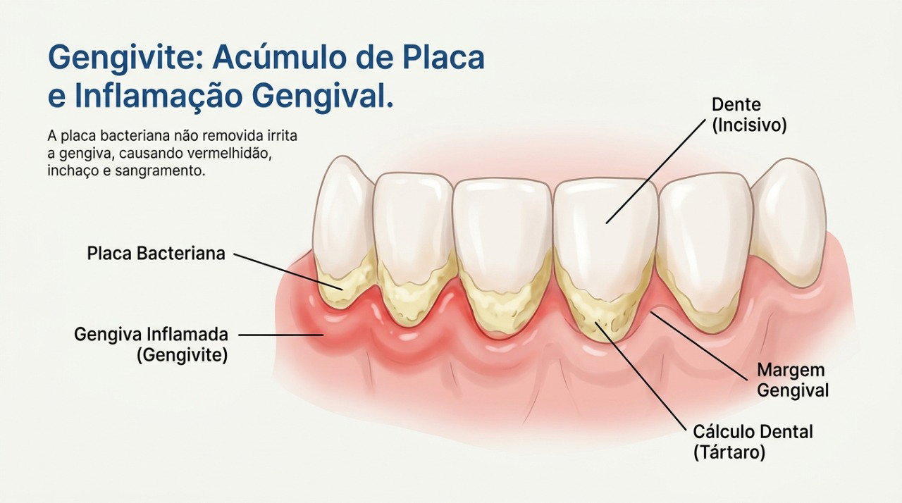 O acúmulo de placa bacteriana próximo à gengiva pode causar inflamação, vermelhidão e sangramento.