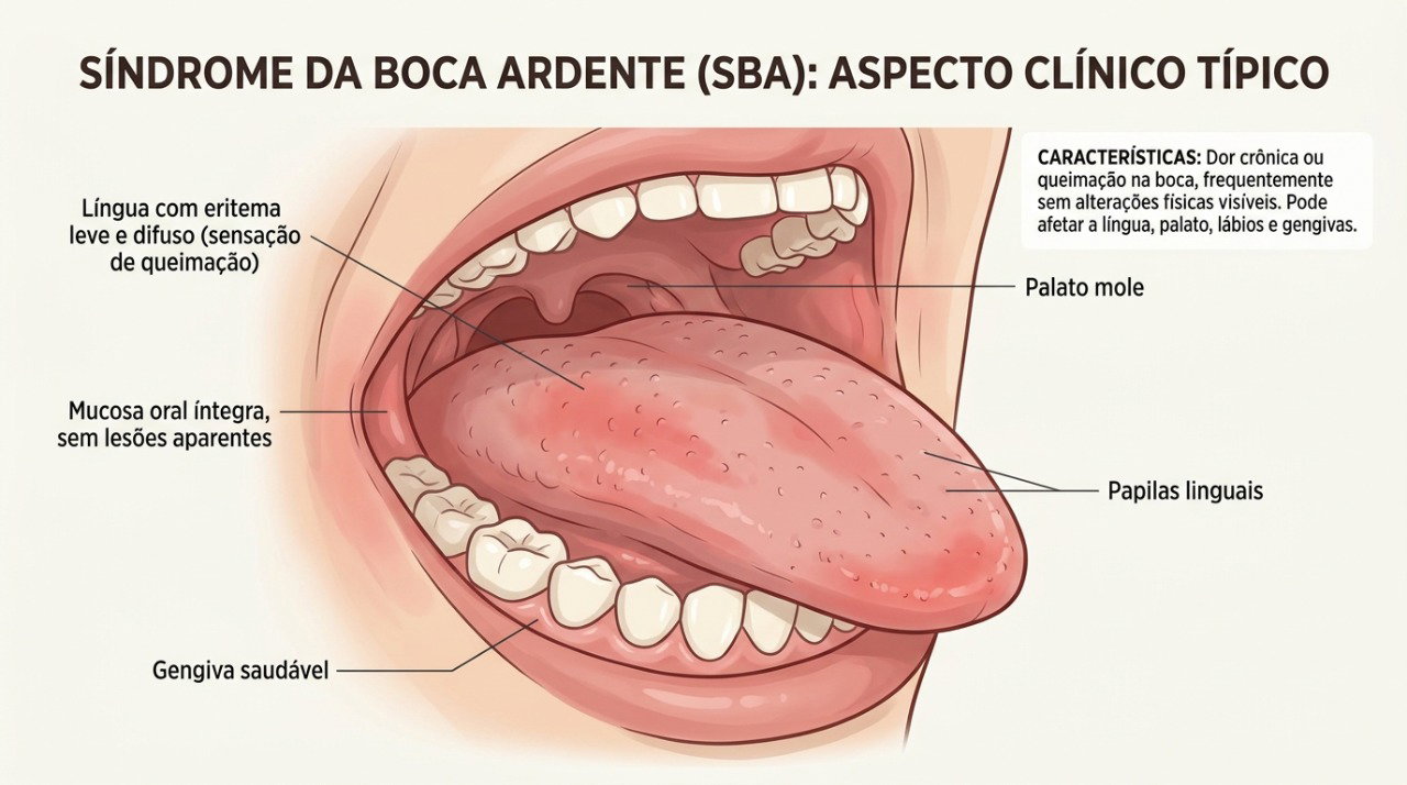 A síndrome da boca ardente pode causar queimação na língua, nos lábios e no céu da boca sem lesões visíveis.
