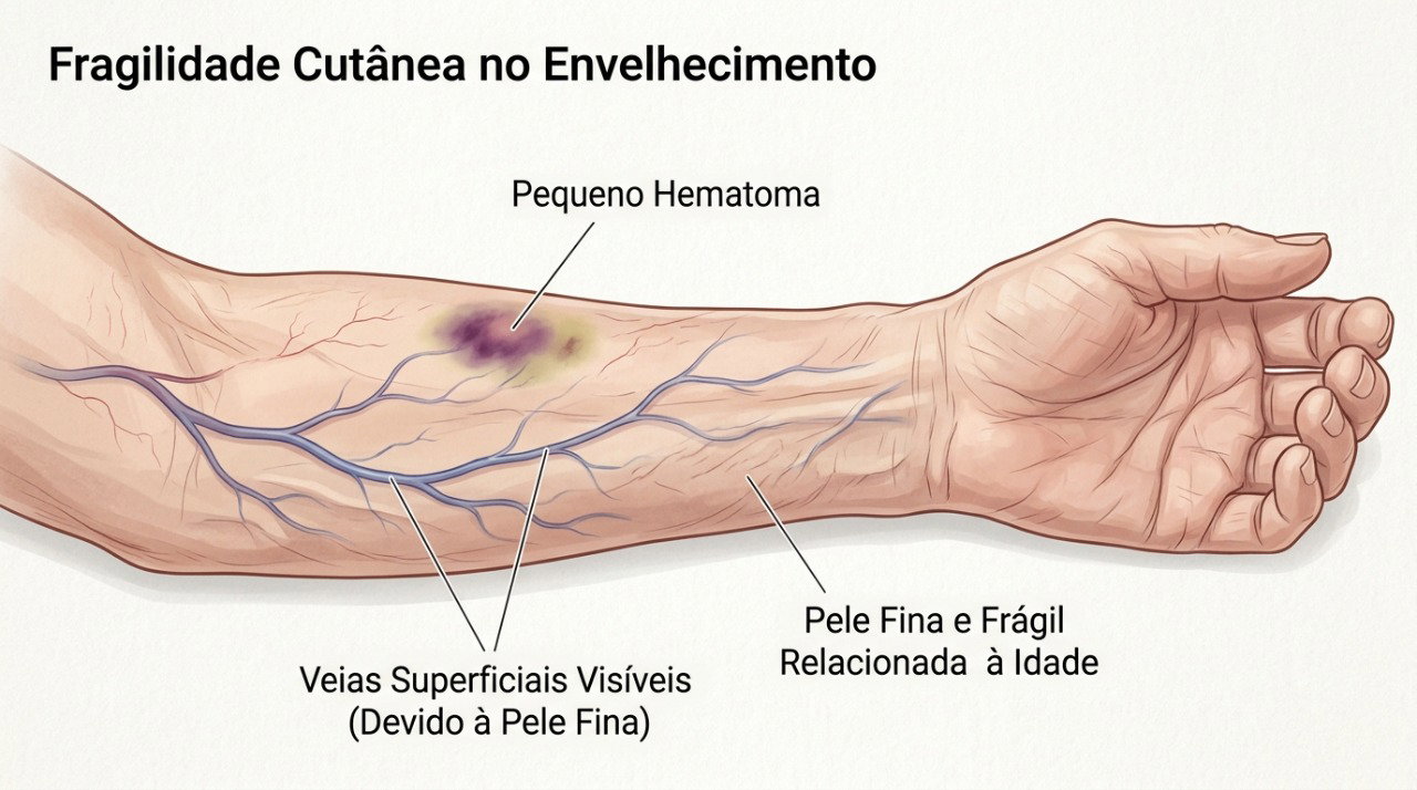 Com o envelhecimento, a pele mais fina e os vasos frágeis podem favorecer hematomas após pequenos traumas.