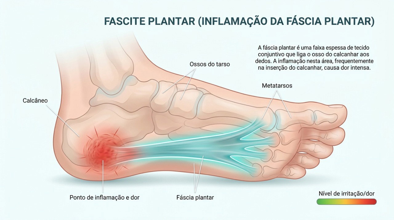 A fascite plantar envolve sobrecarga e irritação da fáscia que percorre a sola do pé.