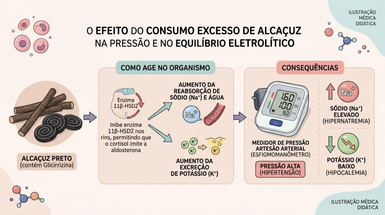A glicirrizina do alcaçuz pode alterar sódio e potássio e contribuir para o aumento da pressão arterial.