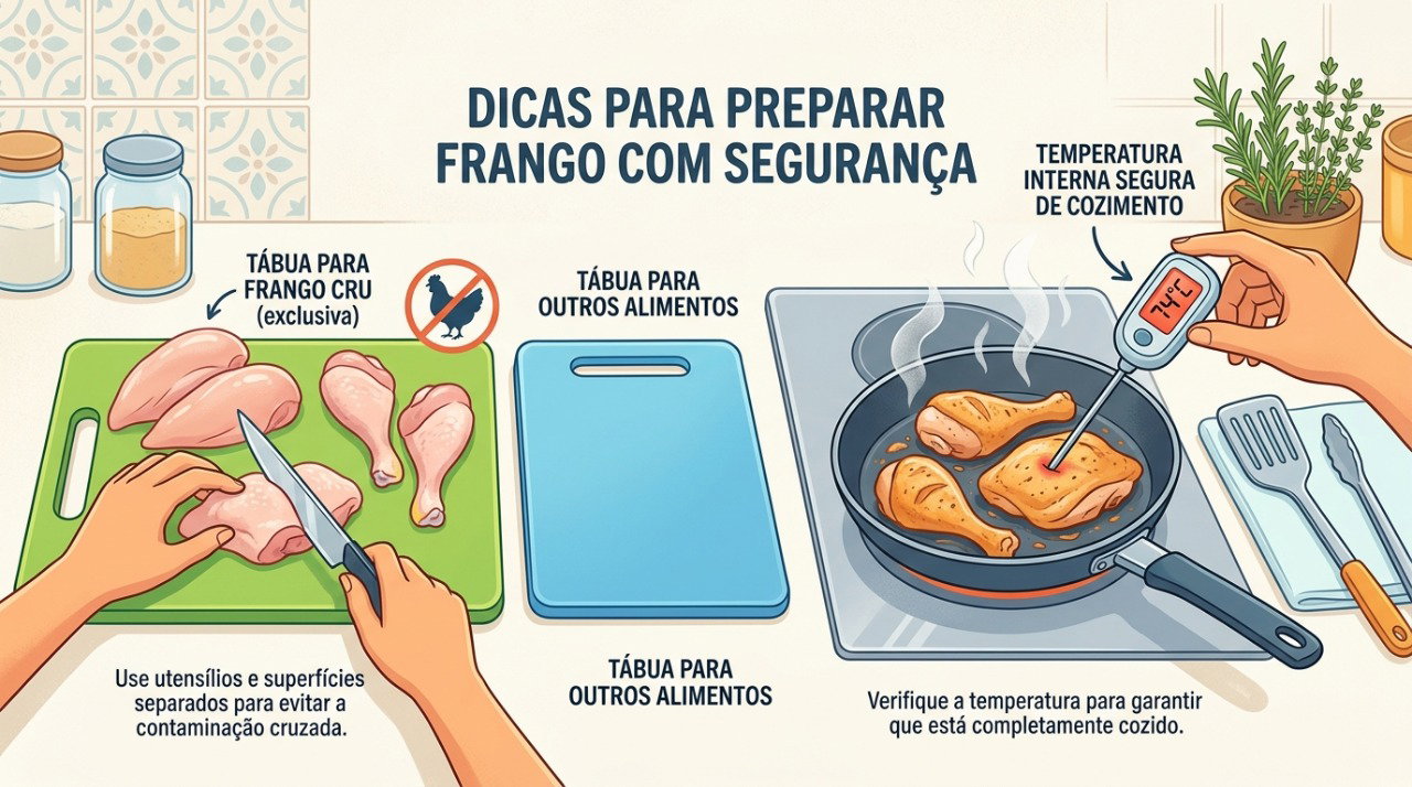 O cozimento do frango a 74°C e a separação de utensílios ajudam a reduzir o risco de contaminação.