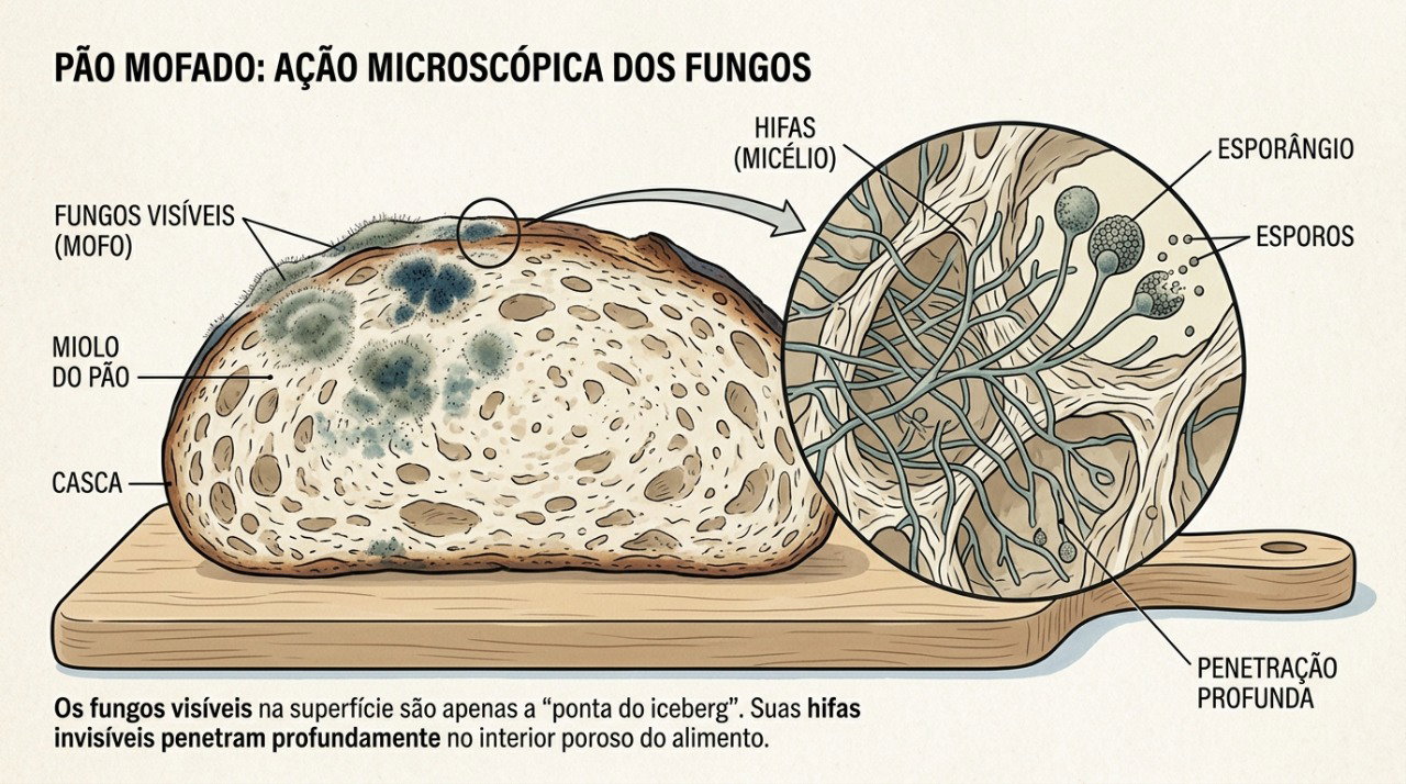 Os fungos podem se espalhar pelo interior poroso do pão além da região onde o mofo aparece.