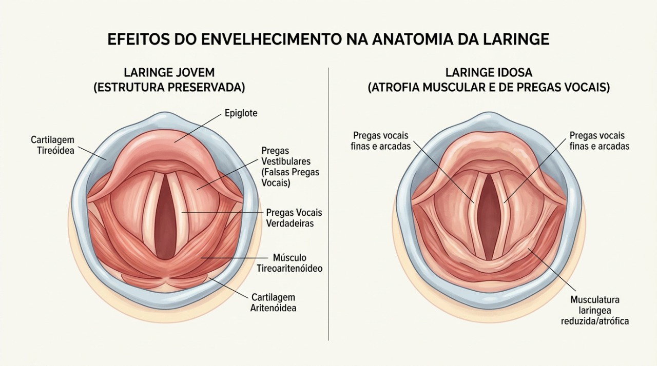 A atrofia dos músculos da laringe pode contribuir para uma voz mais fraca, soprosa e cansada.