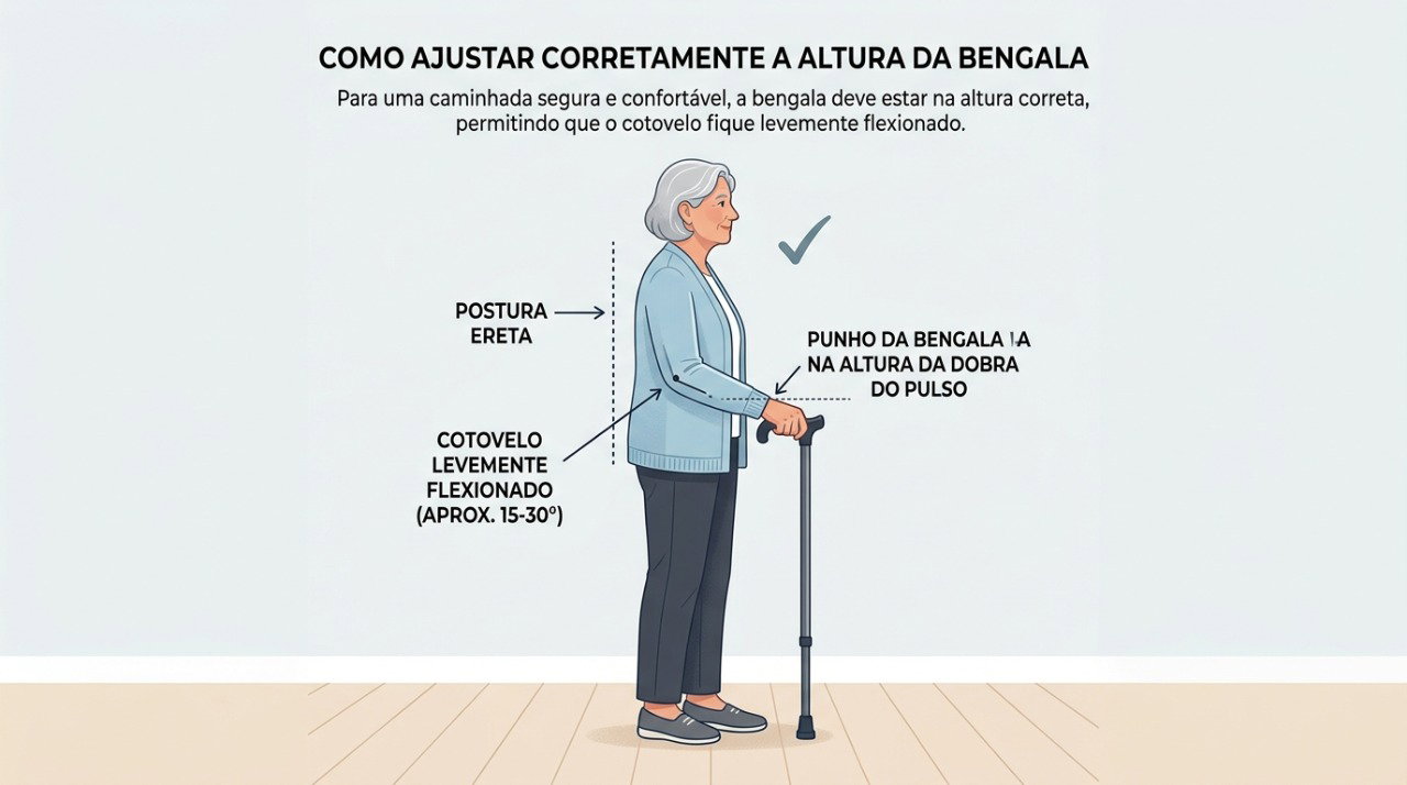A altura da bengala deve permitir postura ereta e leve flexão do cotovelo ao caminhar.
