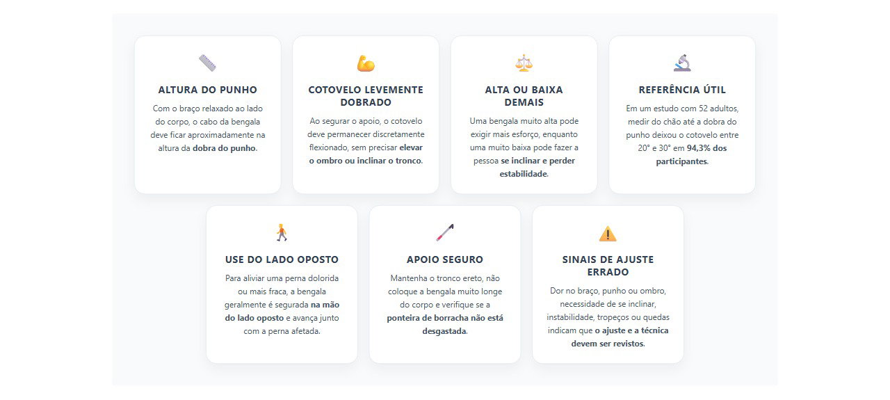 Bengala na altura certa: ajuste pode melhorar postura, apoio e equilíbrio