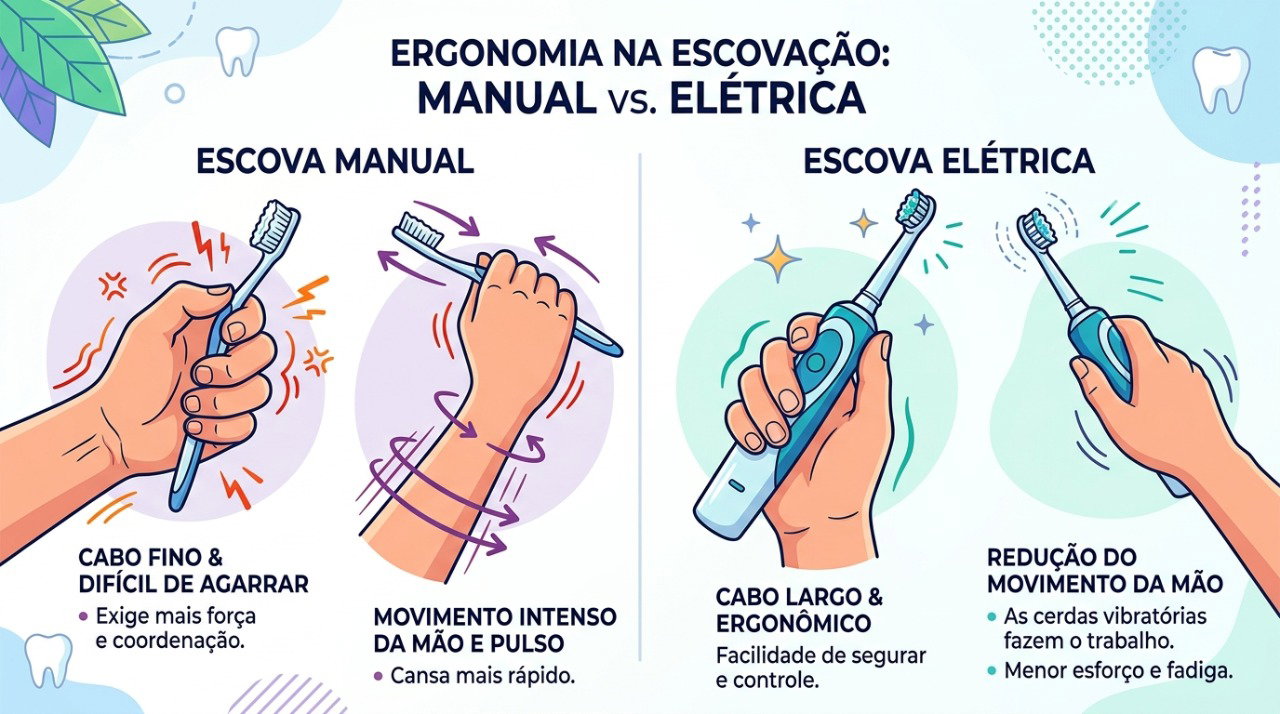 Cabos mais largos e movimentos automáticos podem tornar a escovação mais confortável para quem tem pouca destreza.