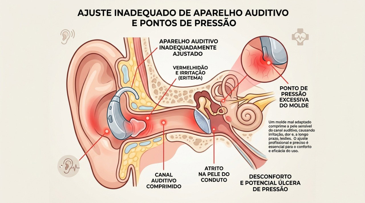 Um encaixe inadequado pode causar pressão, vermelhidão e dor no ouvido durante o uso do aparelho.