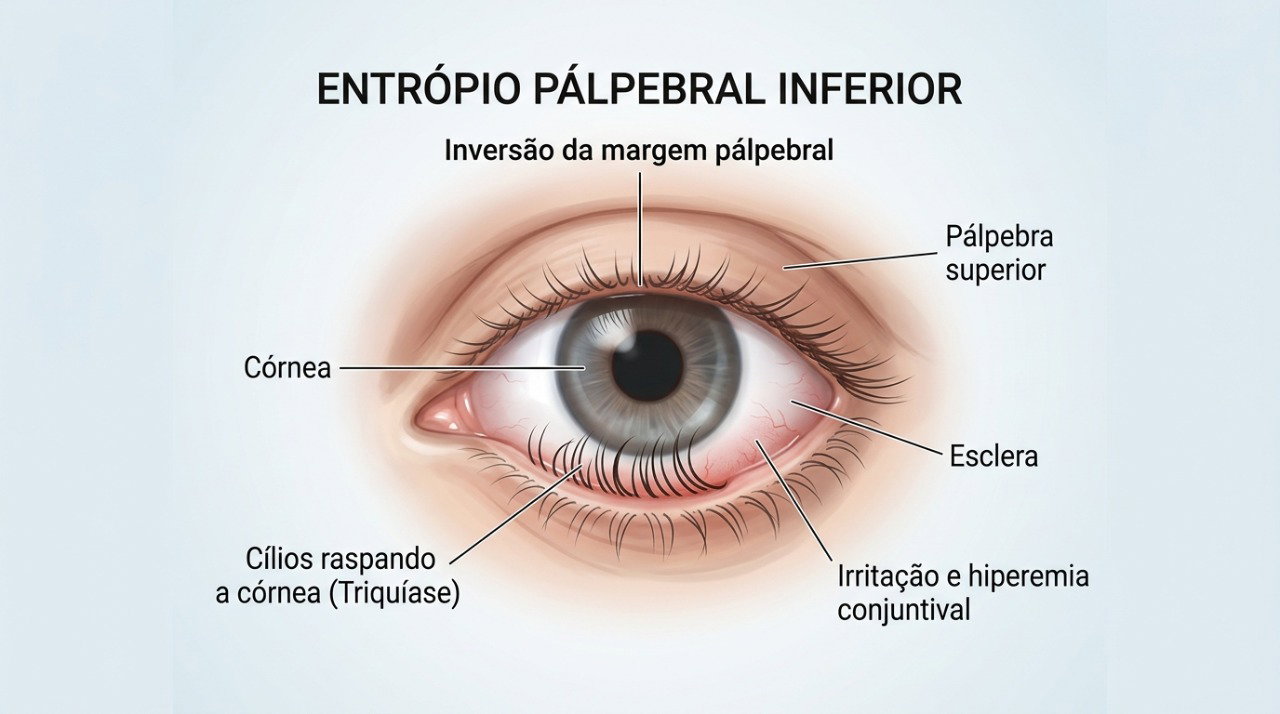 No entrópio, a pálpebra se volta para dentro e mantém os cílios em contato com a superfície do olho.
