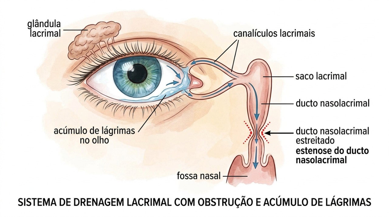 O bloqueio ou estreitamento do ducto nasolacrimal pode dificultar o escoamento da lágrima.