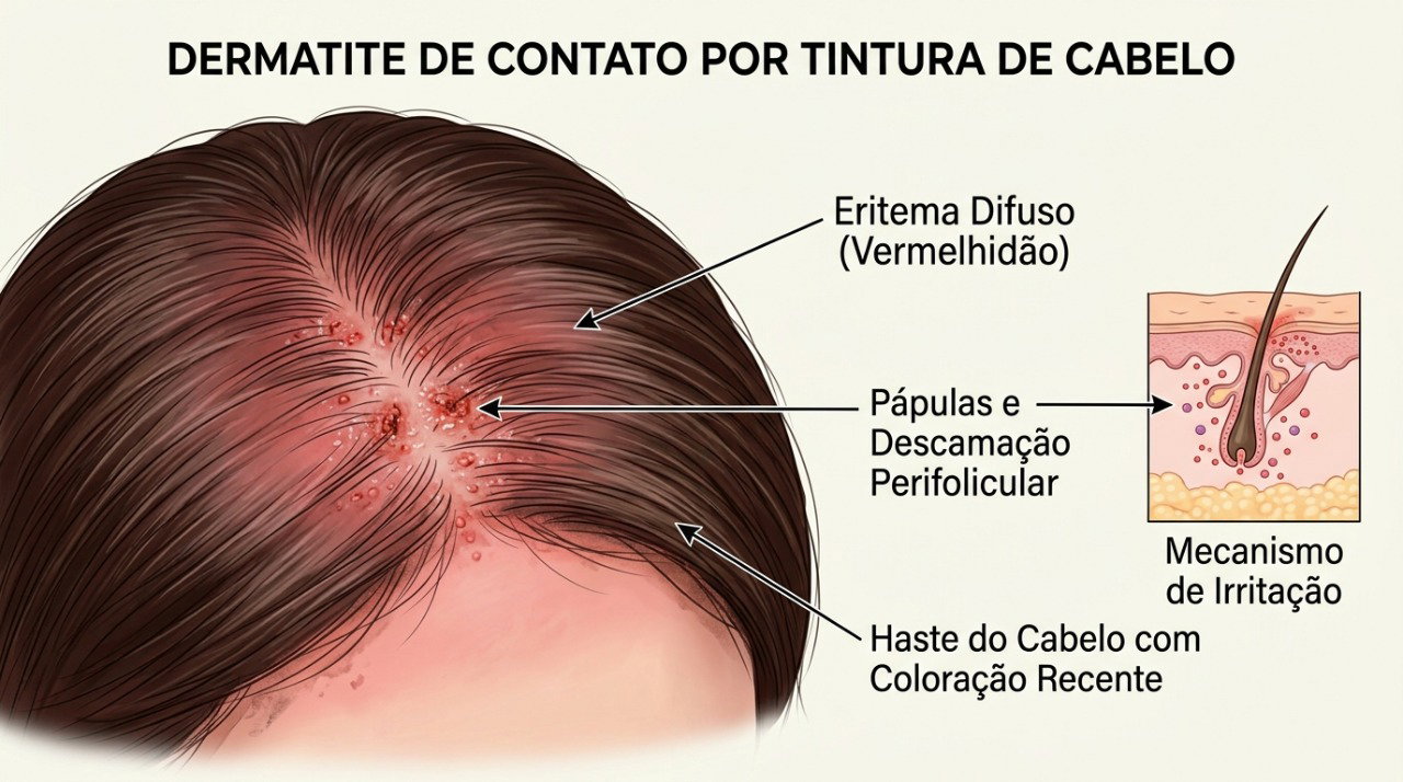 A tintura pode desencadear dermatite de contato e irritação no couro cabeludo em pessoas sensíveis.
