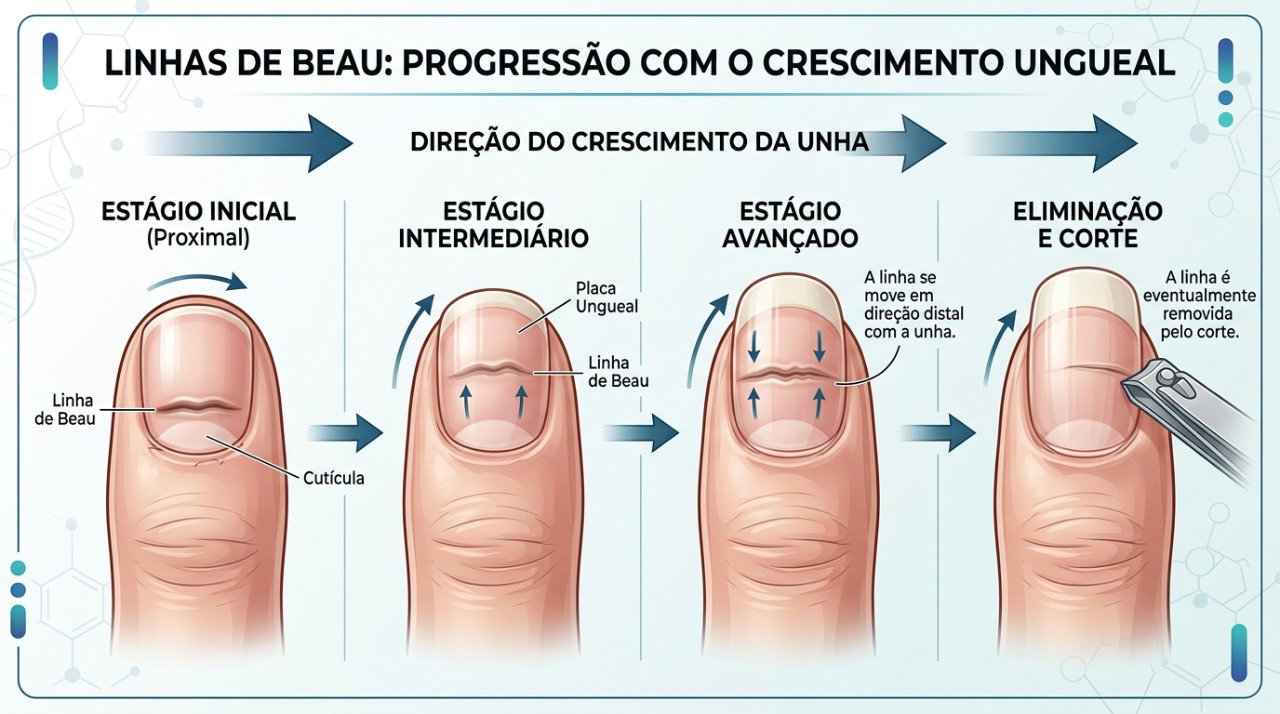 A linha de Beau tende a se deslocar para a ponta da unha à medida que o crescimento é retomado.