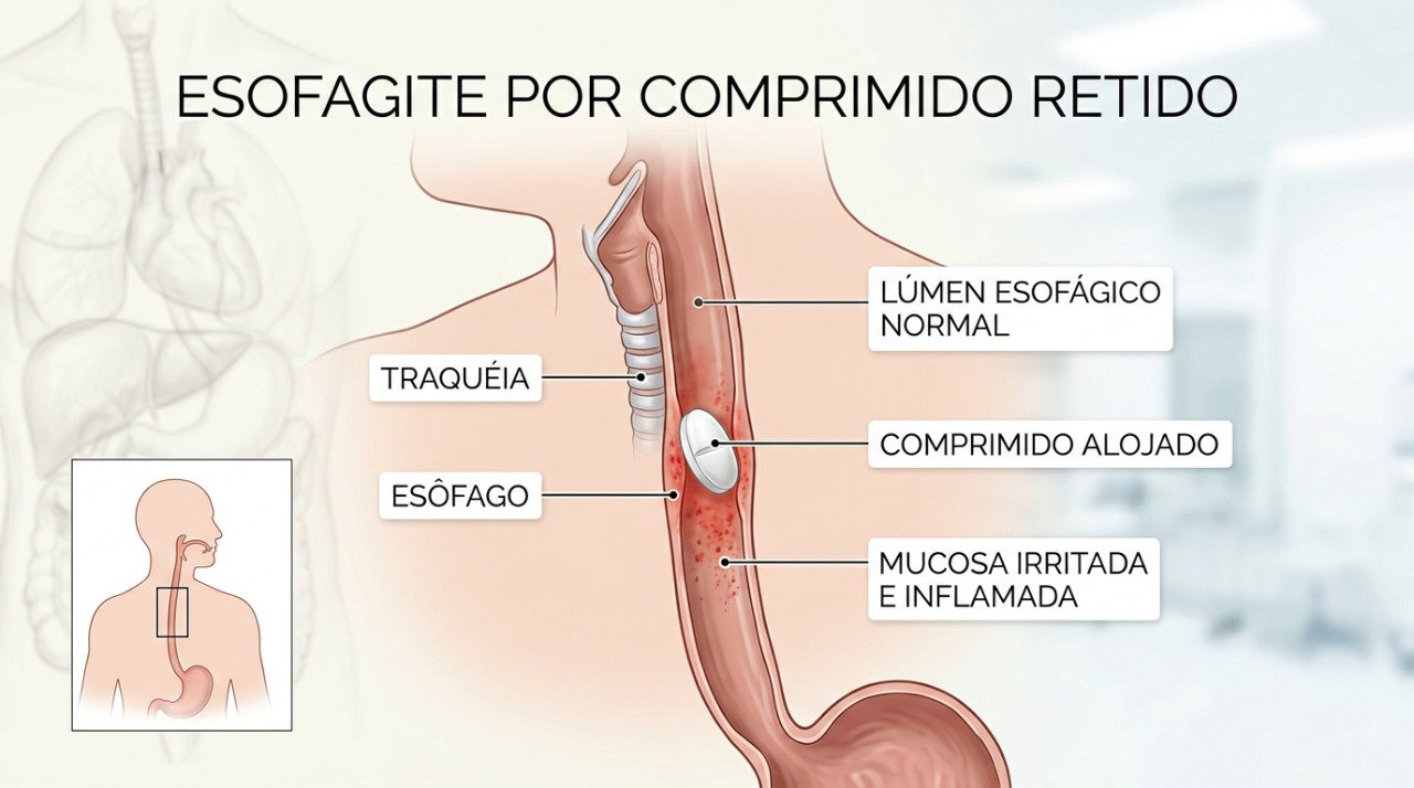 Um comprimido retido no esôfago pode se dissolver no local e irritar sua parede.