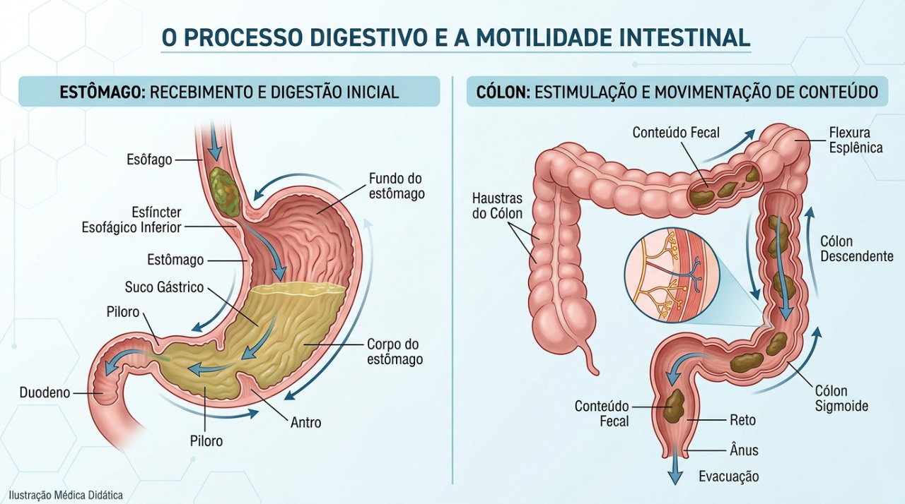A chegada de comida ao estômago pode estimular o cólon a movimentar fezes que já estavam no intestino.