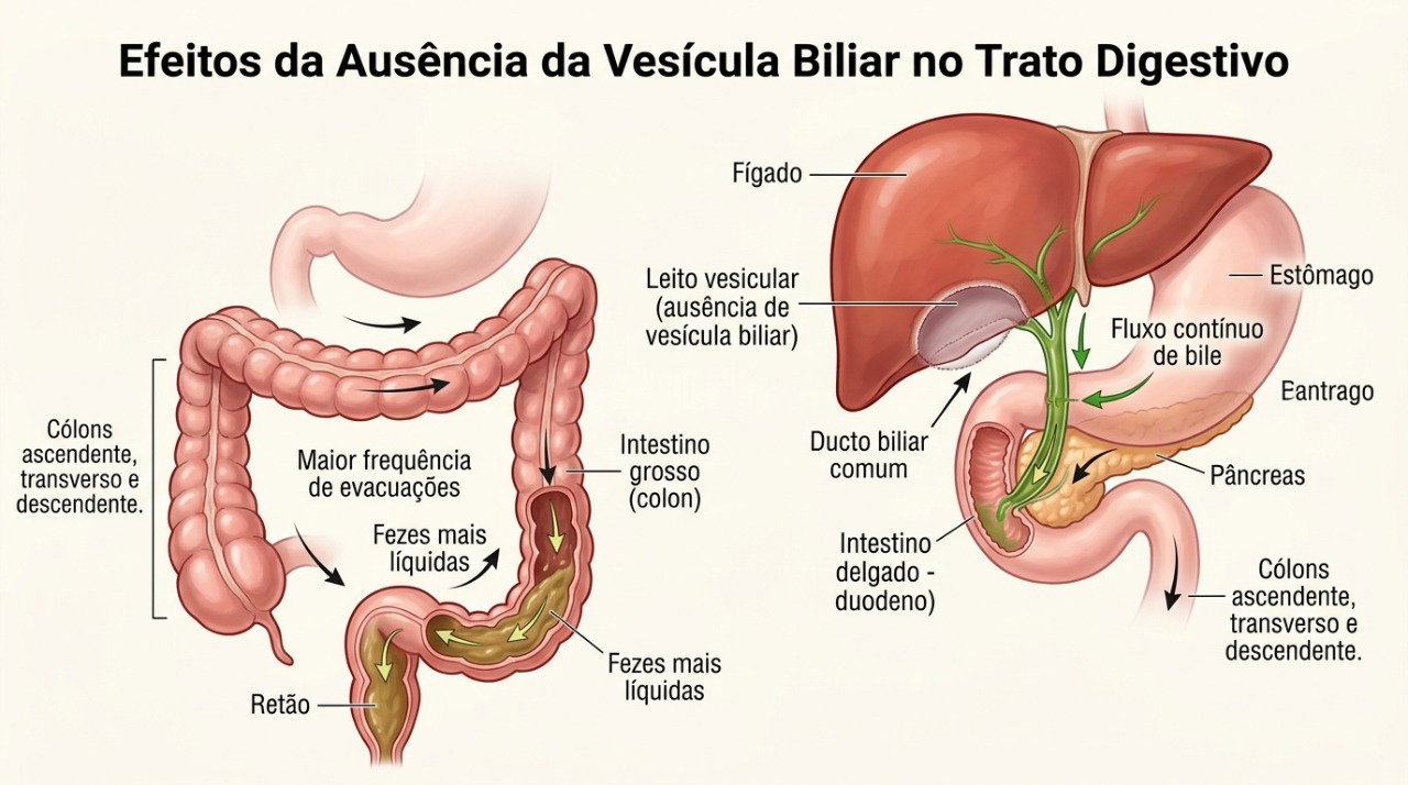 Sem a vesícula, a bile chega continuamente ao intestino e pode contribuir para diarreia em algumas pessoas.