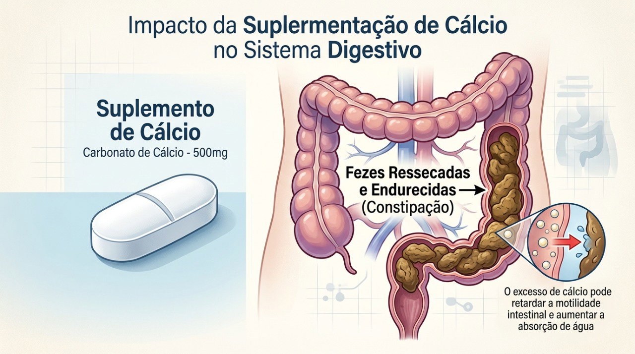 Algumas formulações de cálcio podem favorecer fezes mais ressecadas e menor frequência de evacuação.