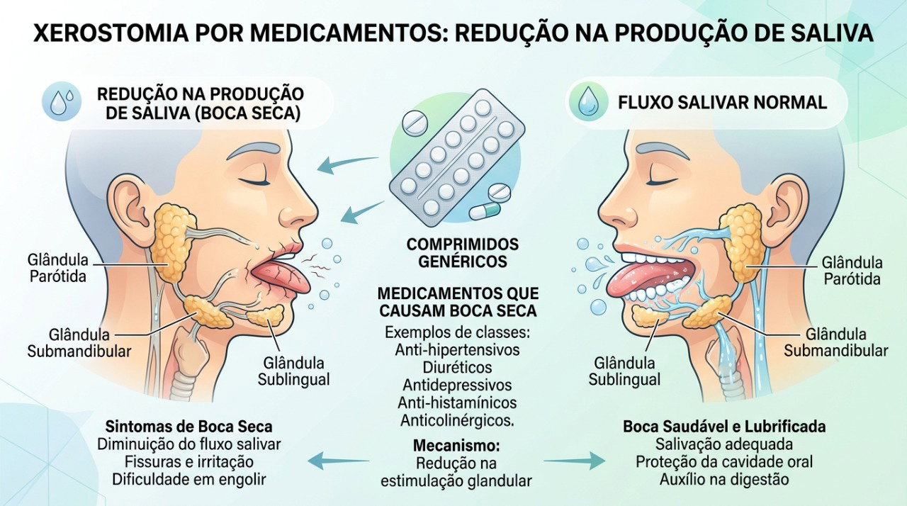 Certos medicamentos podem diminuir a atividade das glândulas salivares e favorecer a xerostomia.