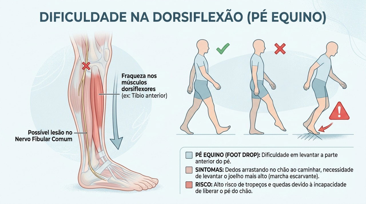 No pé caído, a fraqueza para levantar a frente do pé pode favorecer tropeços e alterações na marcha.