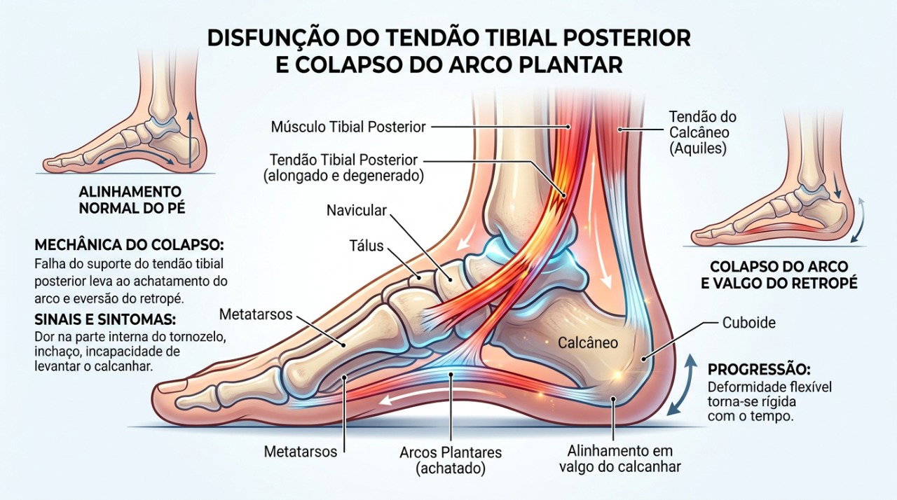 O enfraquecimento do tendão tibial posterior pode contribuir para o colapso progressivo do arco do pé.