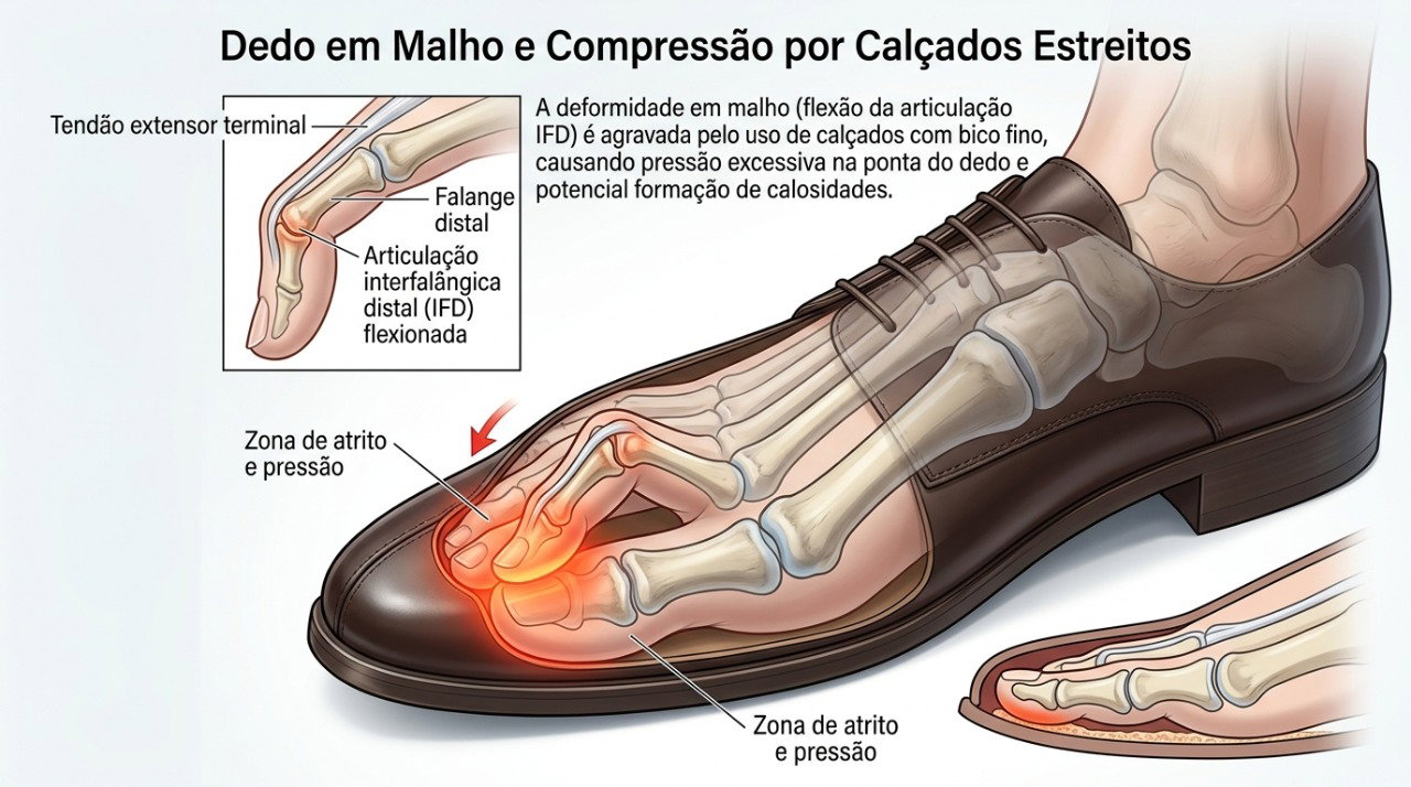 Calçados estreitos podem aumentar a pressão e o atrito sobre um dedo em martelo.