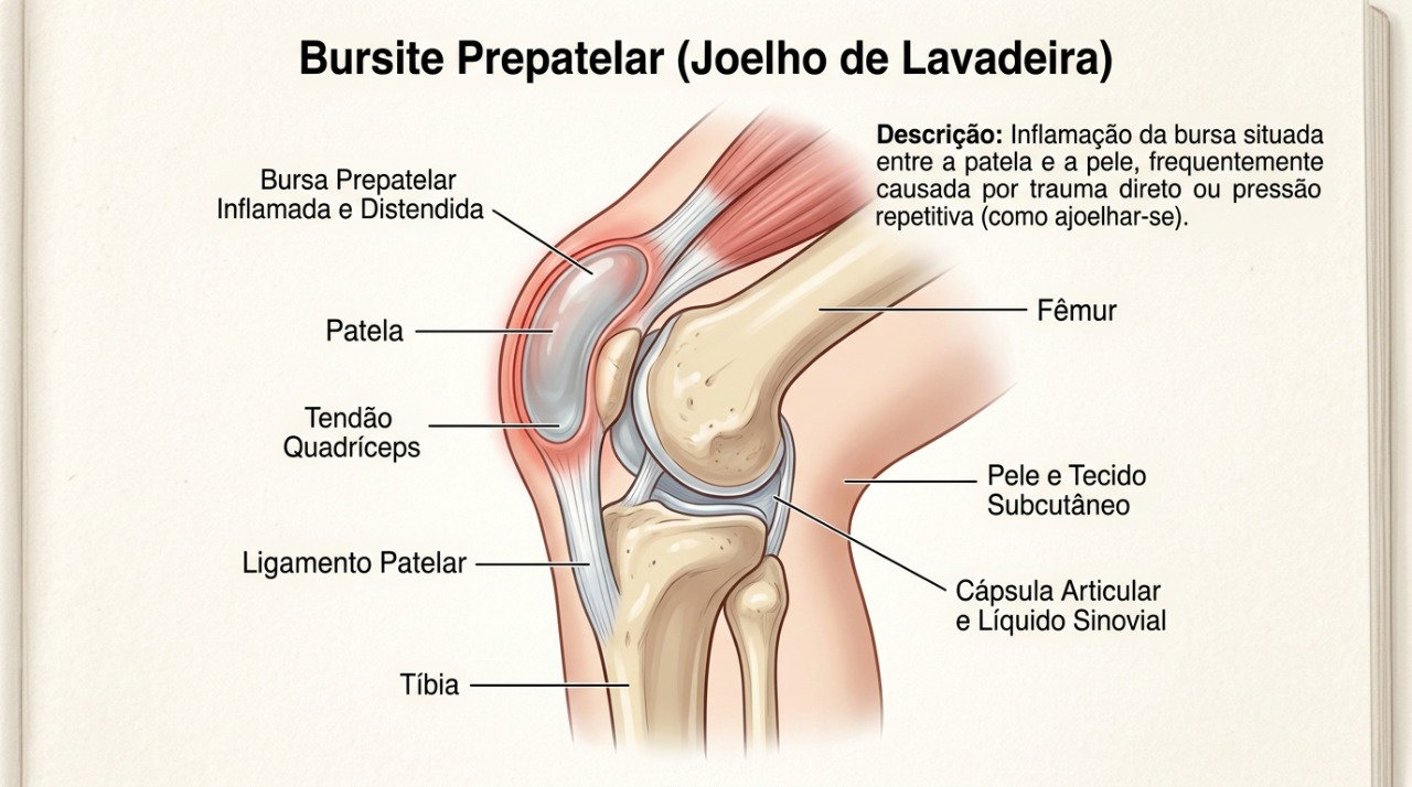 A bursite pré-patelar pode causar dor e inchaço sobre a rótula após pressão repetida.