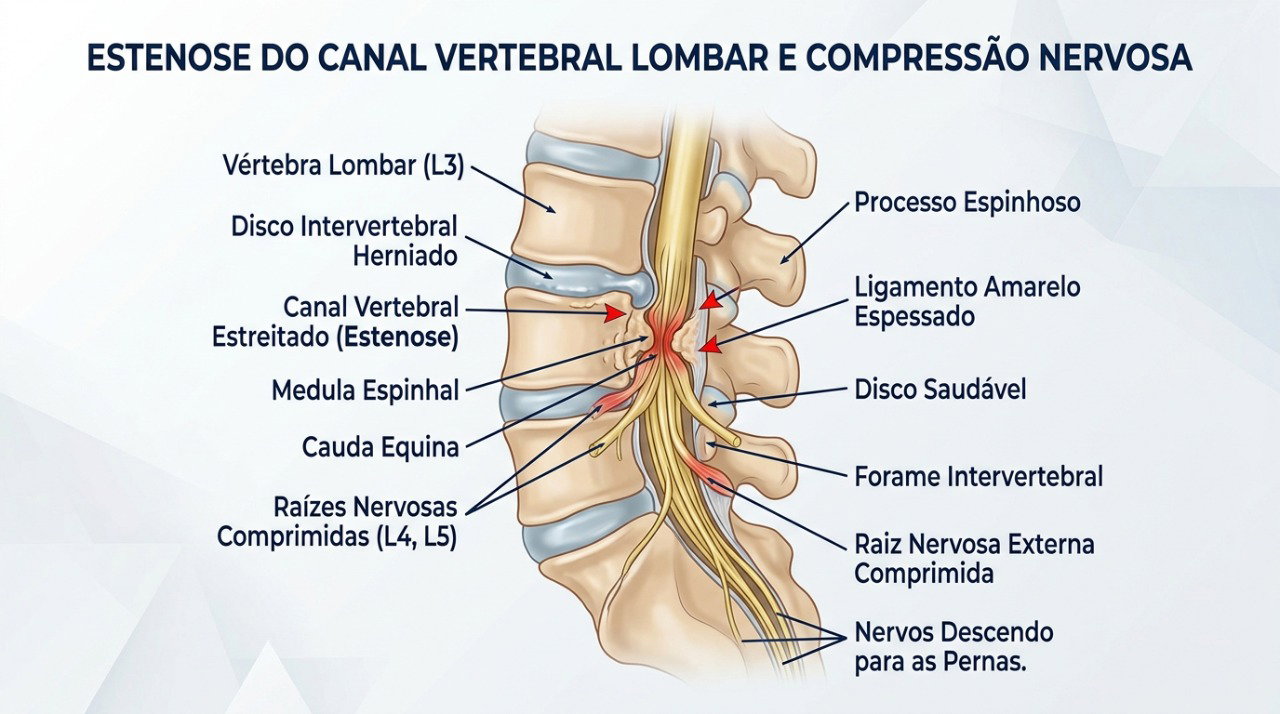 A estenose lombar pode comprimir nervos e provocar dor, formigamento, fraqueza ou peso nas pernas ao caminhar.