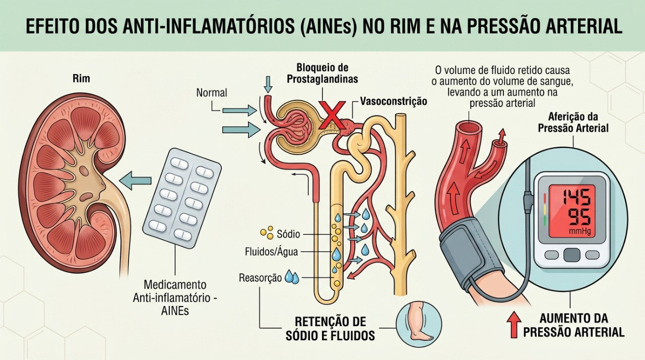 Anti-inflamatórios podem favorecer retenção de líquidos e contribuir para o aumento da pressão arterial.