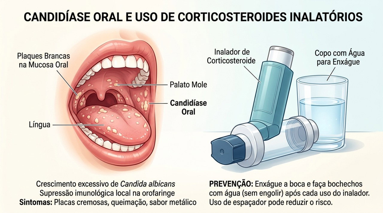 Enxaguar a boca após usar corticoide inalado ajuda a reduzir o risco de candidíase oral.