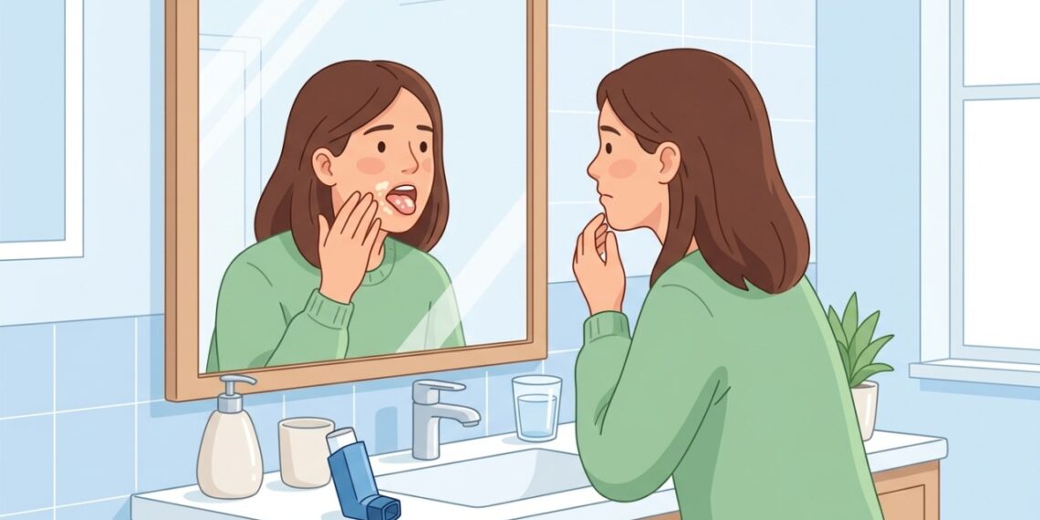 Placas brancas na boca após usar corticoide inalado podem indicar candidíase oral.
