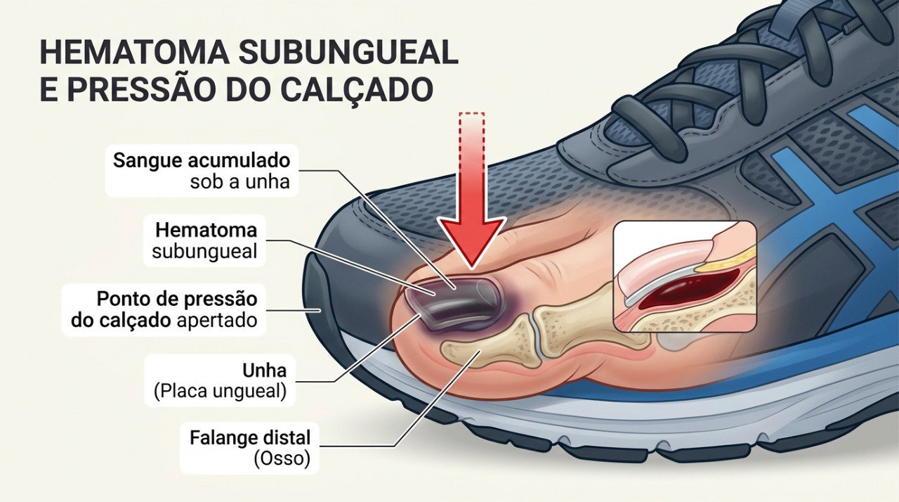 Pressão repetida do calçado pode romper pequenos vasos e formar um hematoma sob a unha.