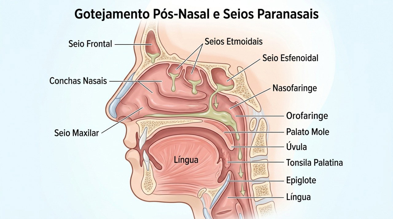 No gotejamento pós-nasal, a secreção pode escorrer atrás do nariz e provocar pigarro e catarro na garganta.
