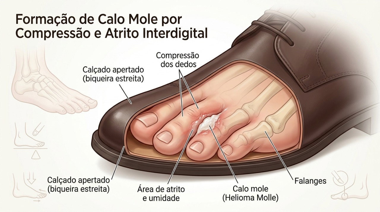 O atrito escondido entre dois dedos pode formar um calo mole dolorido.