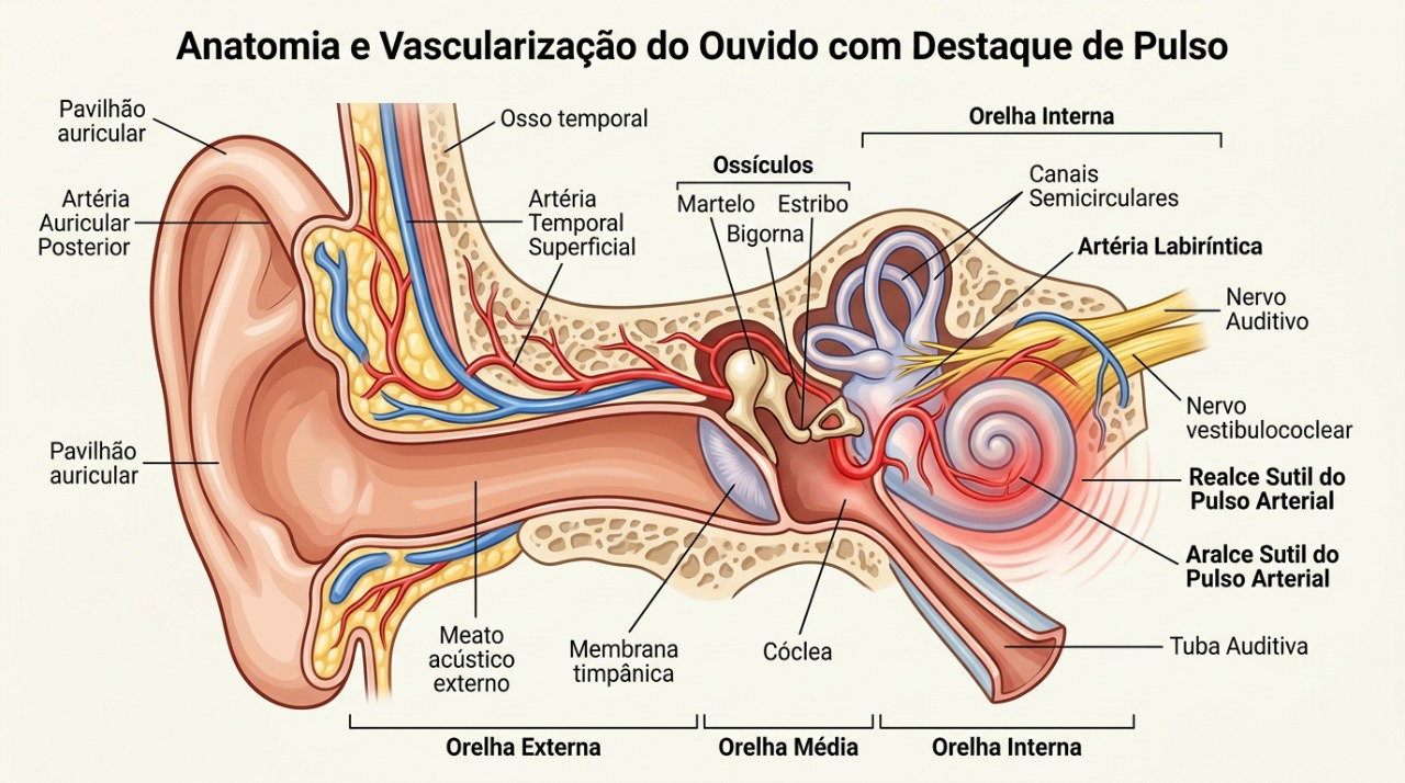 O zumbido pulsante pode estar relacionado ao fluxo de sangue em vasos próximos ao ouvido.
