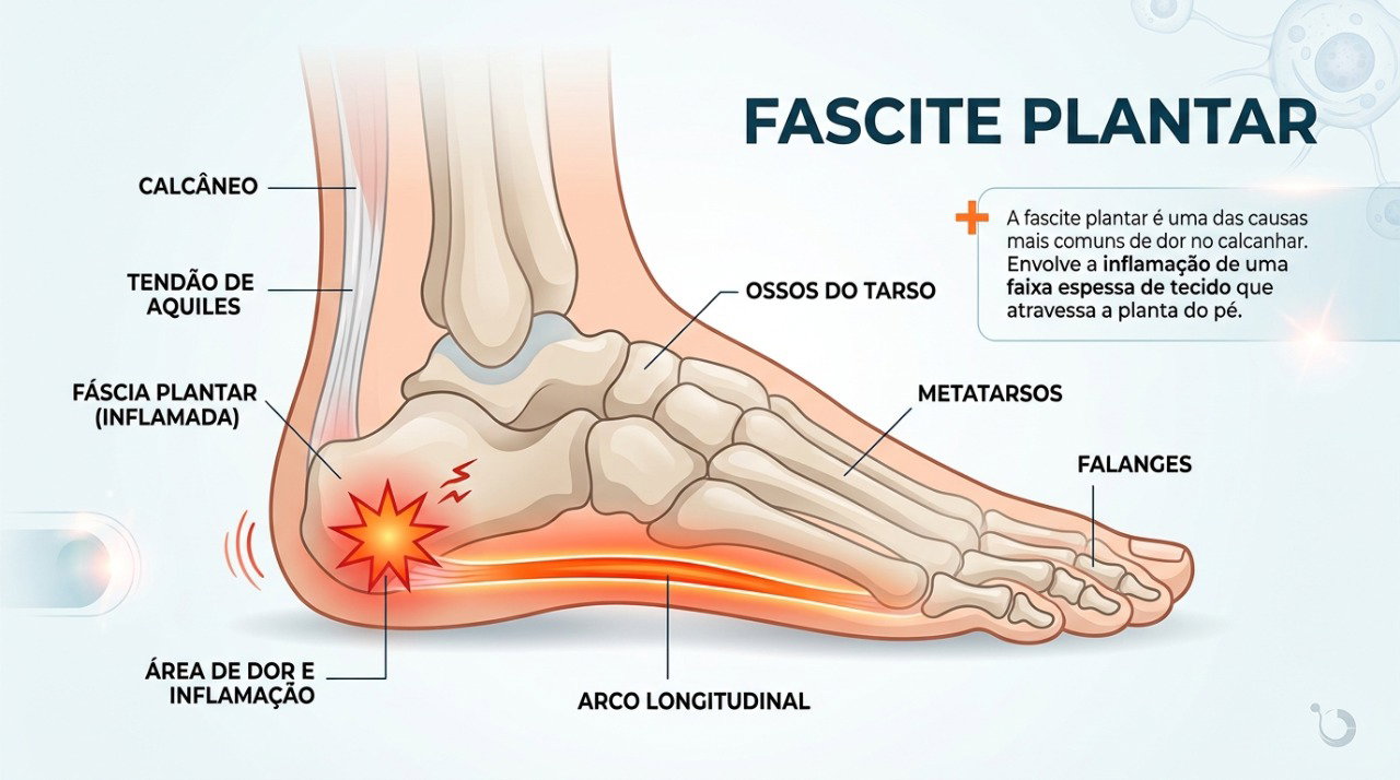 A fascite plantar pode causar dor na sola do pé, principalmente perto do calcanhar.