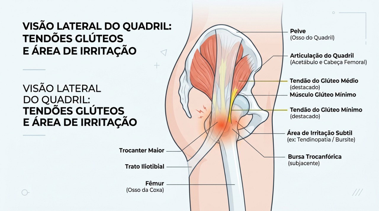 Tendões glúteos irritados podem causar dor na parte externa do quadril e piorar com pressão direta.