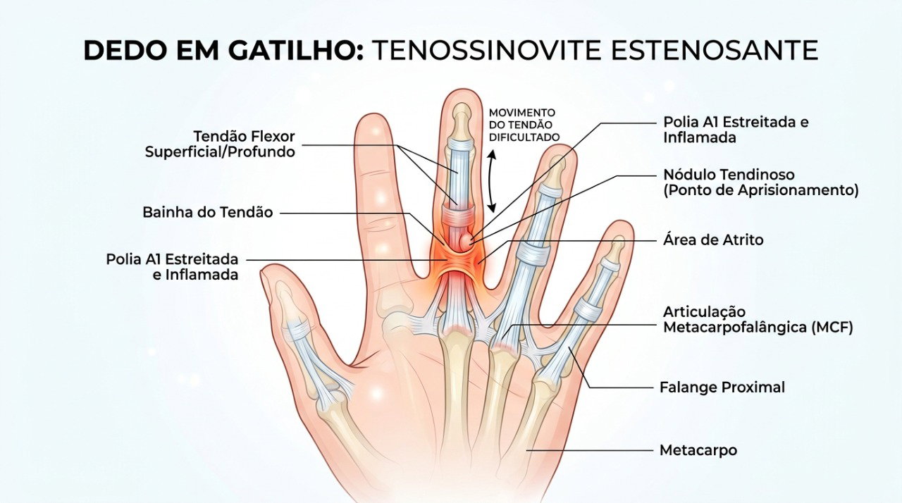 No dedo em gatilho, o tendão pode encontrar dificuldade para deslizar e provocar travamento e estalos.