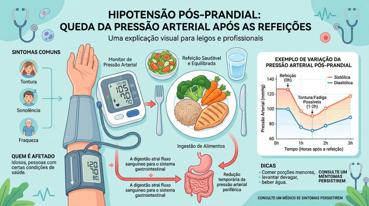 A hipotensão pós-prandial pode provocar queda da pressão e tontura depois das refeições.