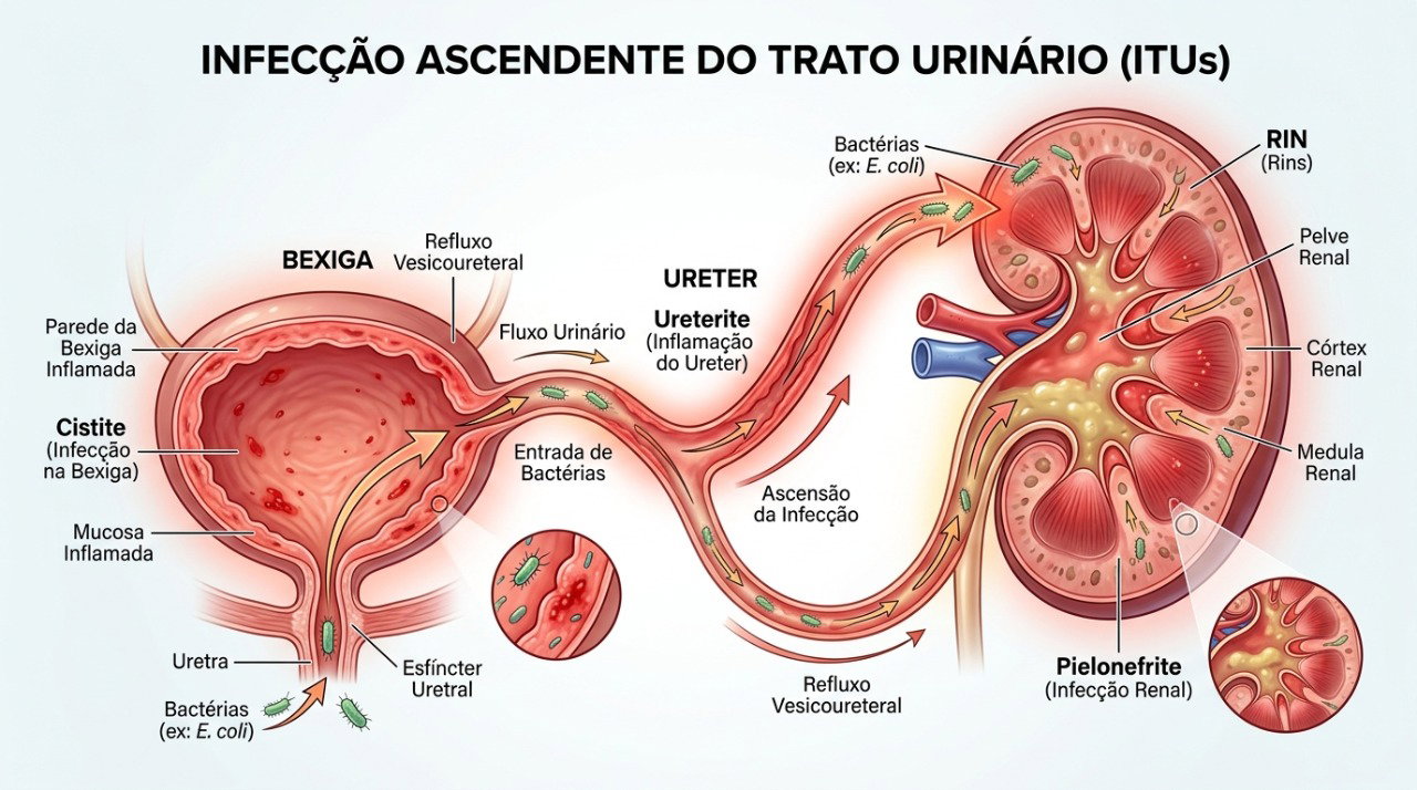 A infecção urinária pode subir pelos ureteres e atingir os rins, causando pielonefrite.
