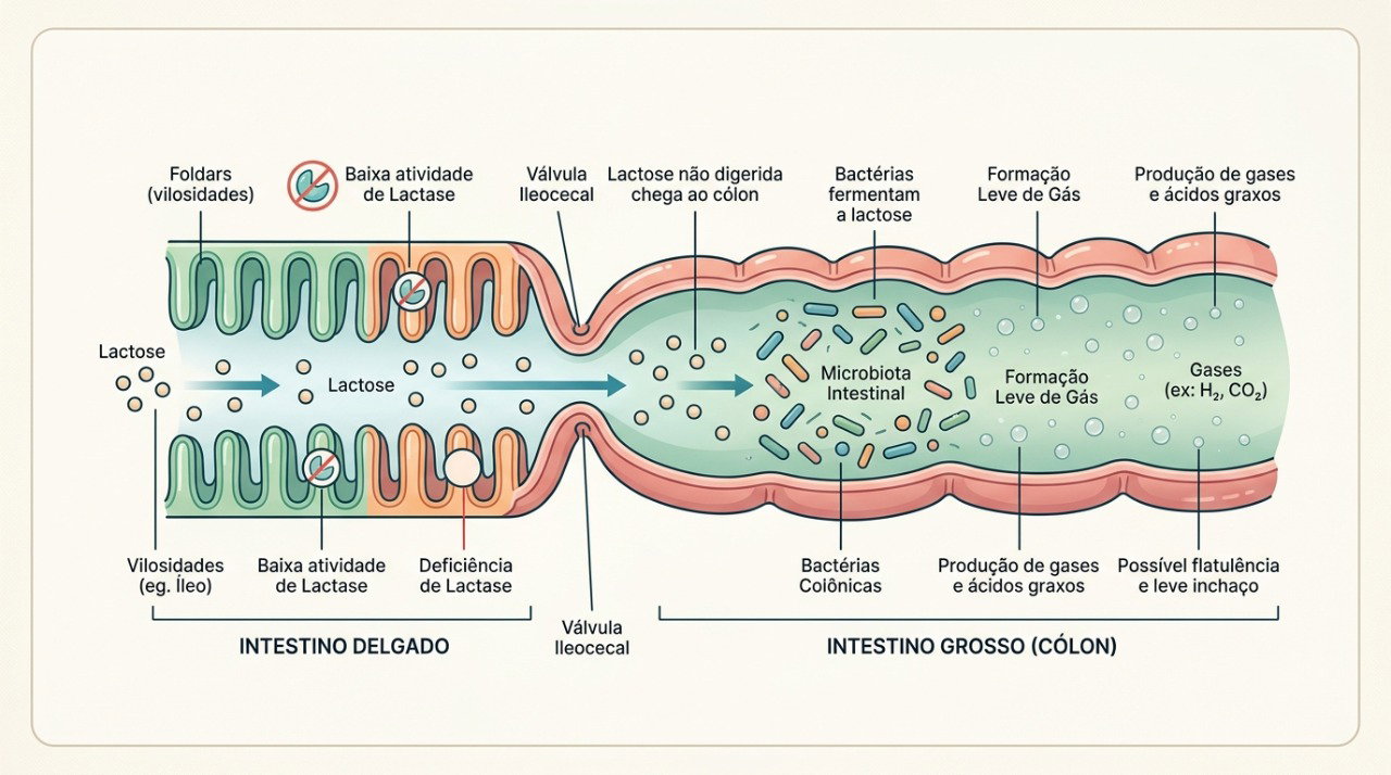 A lactose não digerida pode fermentar no intestino e causar gases, distensão e diarreia.