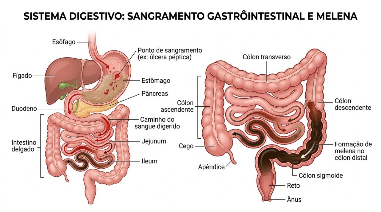 Sangramentos na parte alta do sistema digestivo podem deixar as fezes pretas e pegajosas.