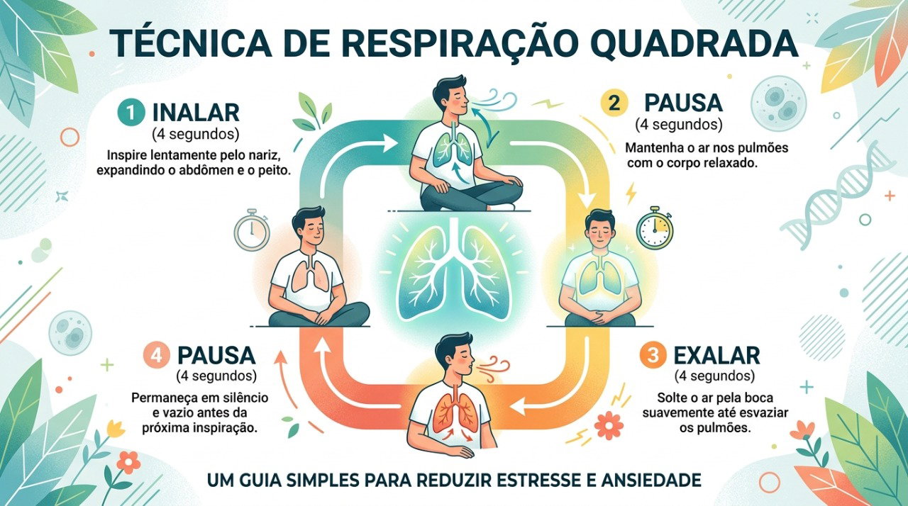 A respiração quadrada organiza inspiração, pausas e expiração em etapas de duração confortável.