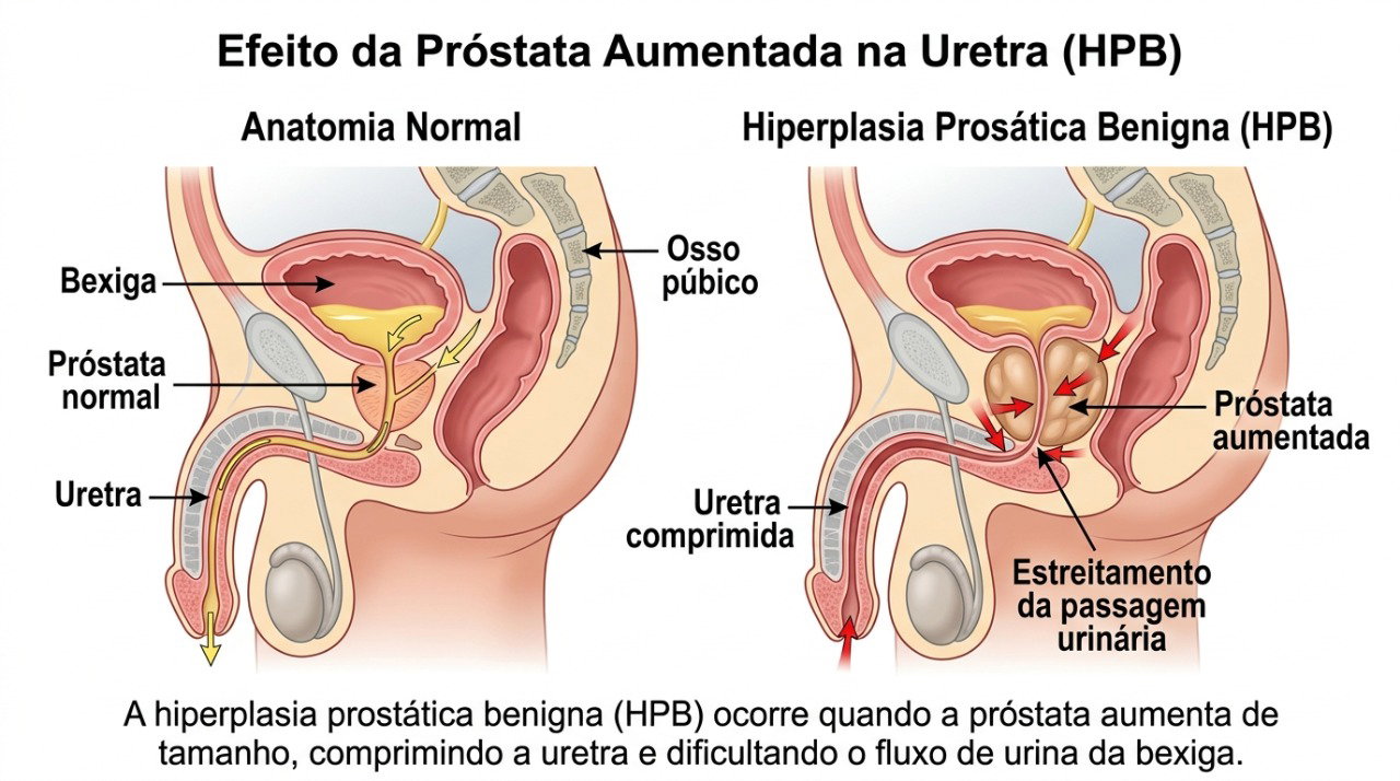 A próstata aumentada pode comprimir a uretra e dificultar a passagem da urina.