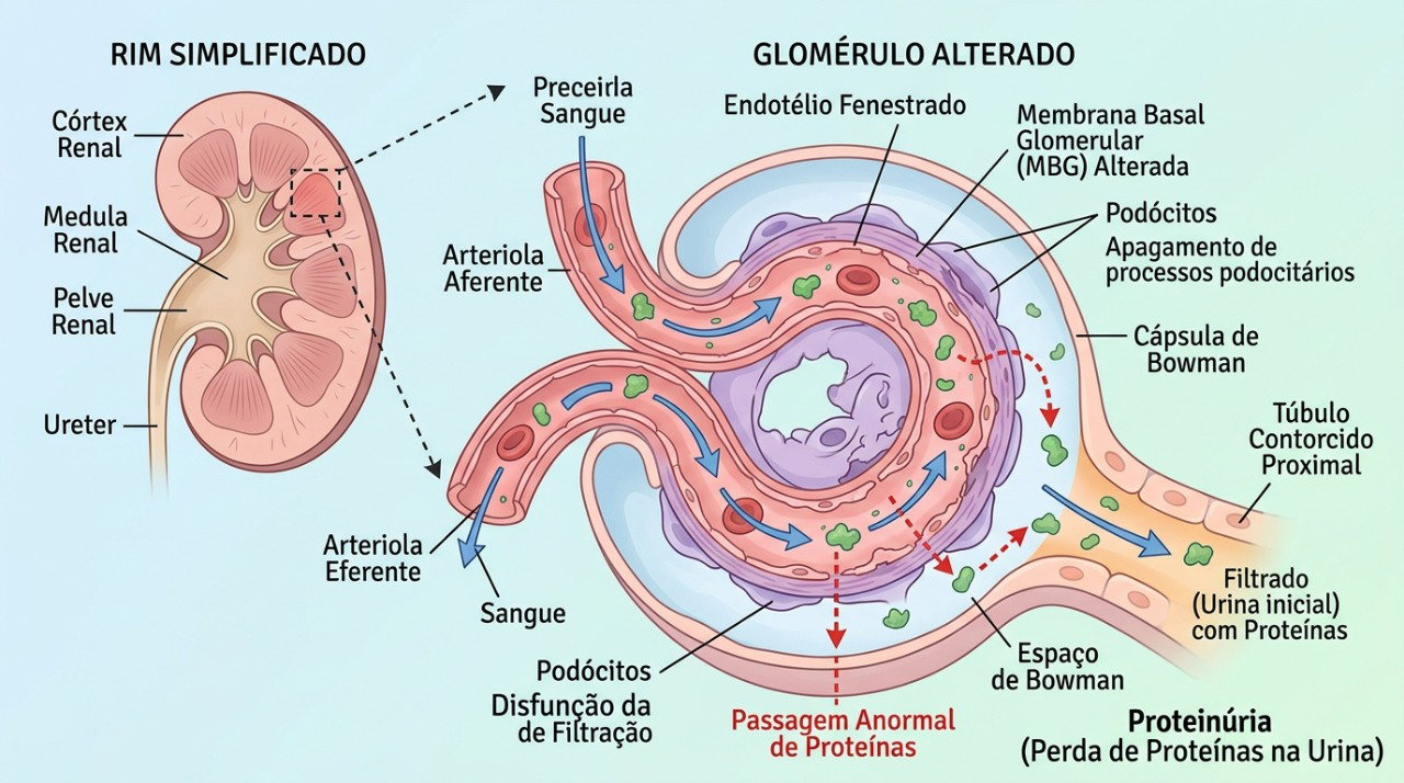 Alterações nos filtros dos rins podem permitir a passagem de proteínas para a urina.