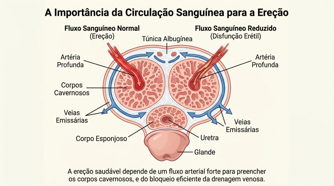 A ereção depende de fluxo sanguíneo adequado, além de fatores nervosos, hormonais e emocionais.