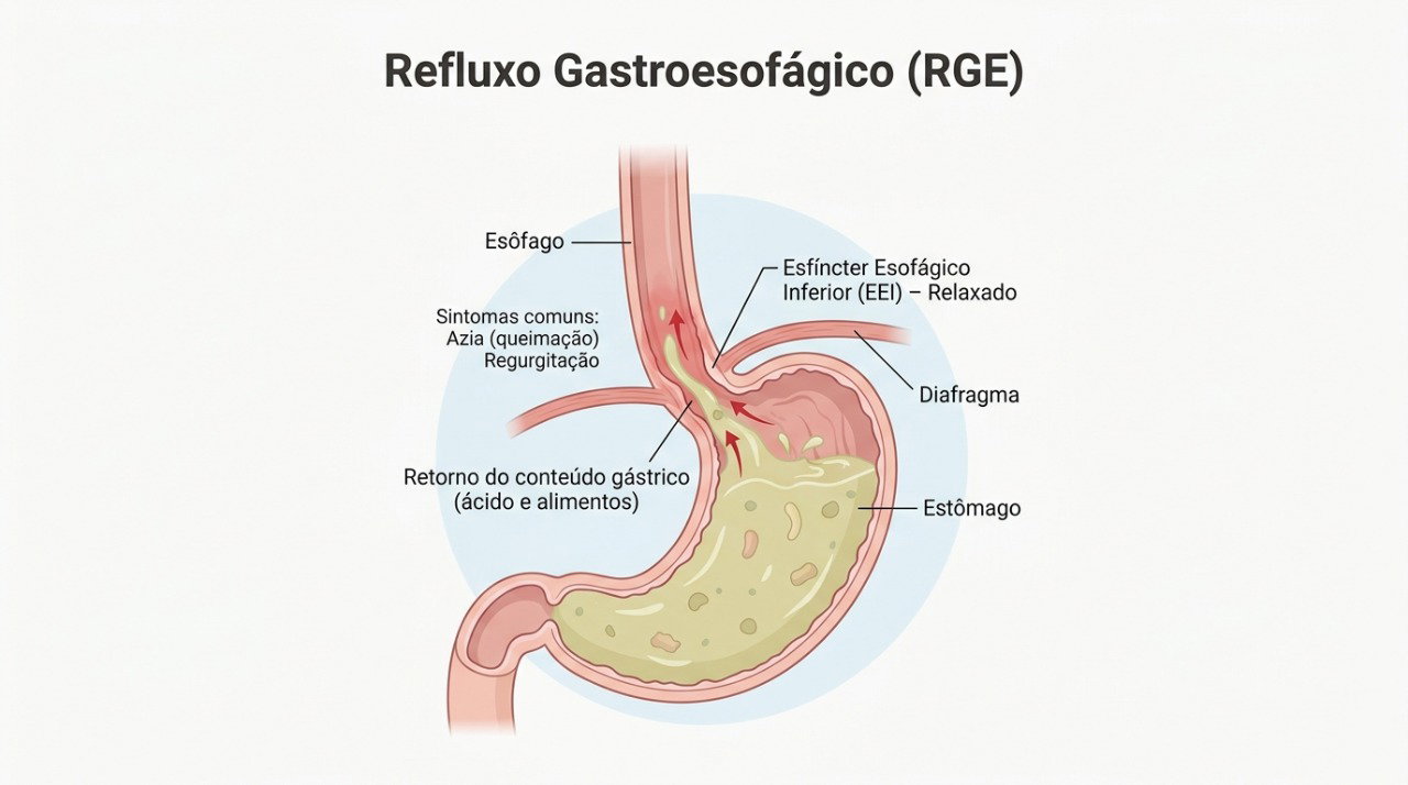 O refluxo pode ocorrer quando o conteúdo do estômago retorna para o esôfago e causa queimação.